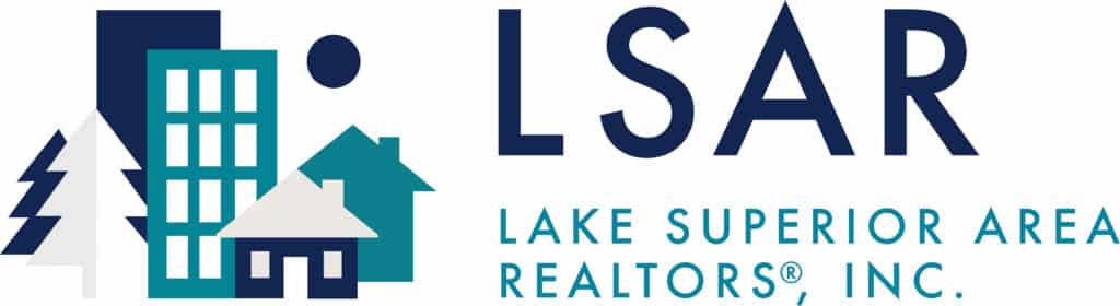 LSAR (Lake Superior Area Realtors, Inc.) logo, featuring a stylized navy and teal icon of buildings, houses, and pine trees representing the region, alongside the wordmark "LSAR – Lake Superior Area Realtors, Inc." in navy and teal.